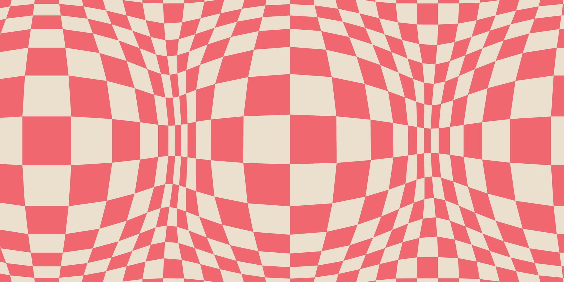 opgezwollen geruit kleurrijk achtergrond, abstract vector patroon. de retro golvend psychedelisch schaakbord in rood en wit kleuren.