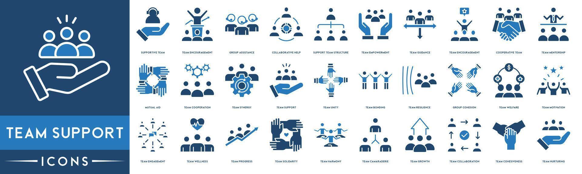 team steun, team motivatie, team verloving, samenspel icoon set. inbegrepen de pictogrammen net zo baan team welzijn, machtiging, eenheid, binding, weerstand, groei en samenwerking vector