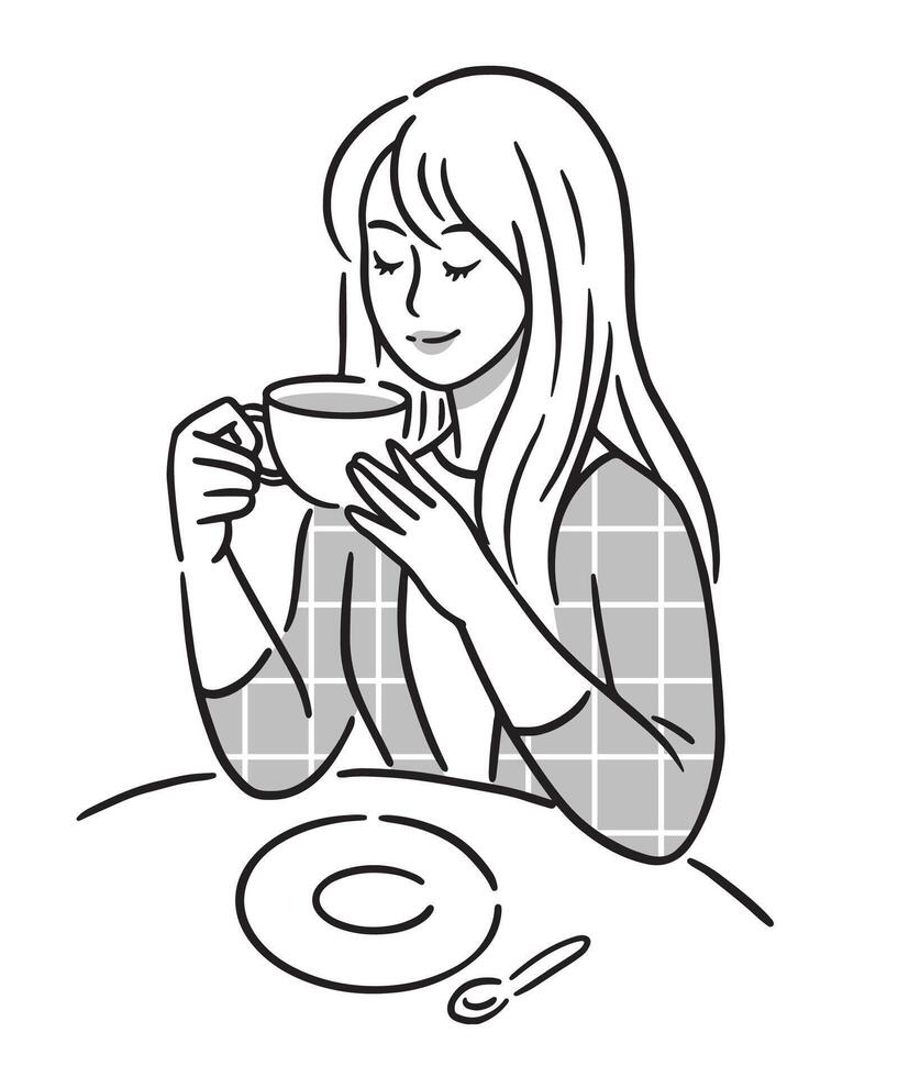 illustratie van meisje drinken koffie tekening stijl vector