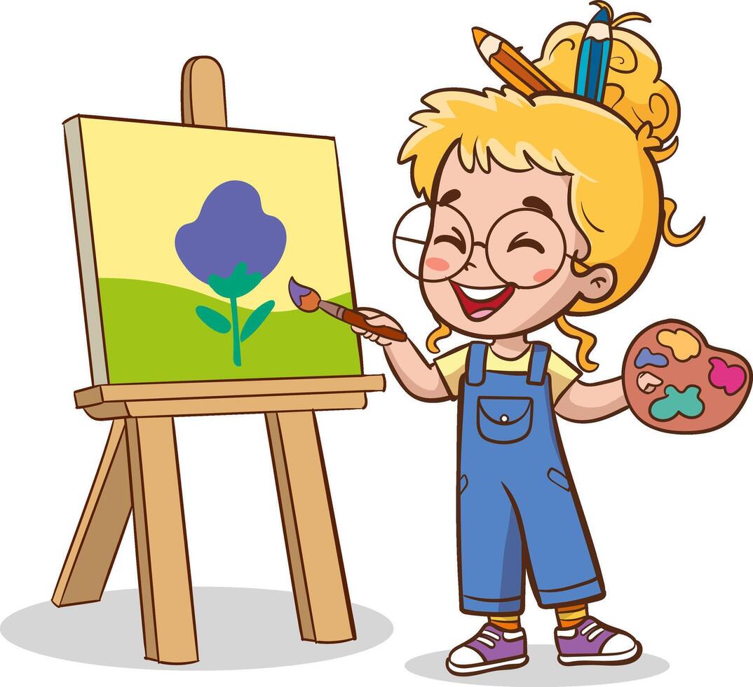 schattig artiest weinig kinderen schilderij Aan canvas vector illustratie