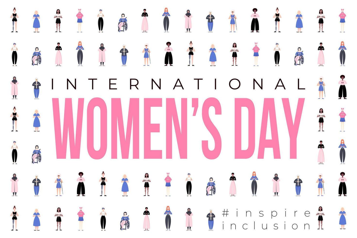 Internationale vrouwen dag banier, achtergrond, poster. inspireren inclusie 2024 campagne. groep van Dames van verschillend etniciteit, leeftijd, lichaam type, haar- kleur vector illustratie in vlak stijl.