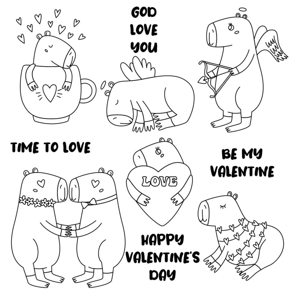 reeks schattig lief lijn capibara's. schets dier voor Valentijnsdag dag. vector tekenfilm illustratie voor afdrukken stickers, kaart, poster, textiel.