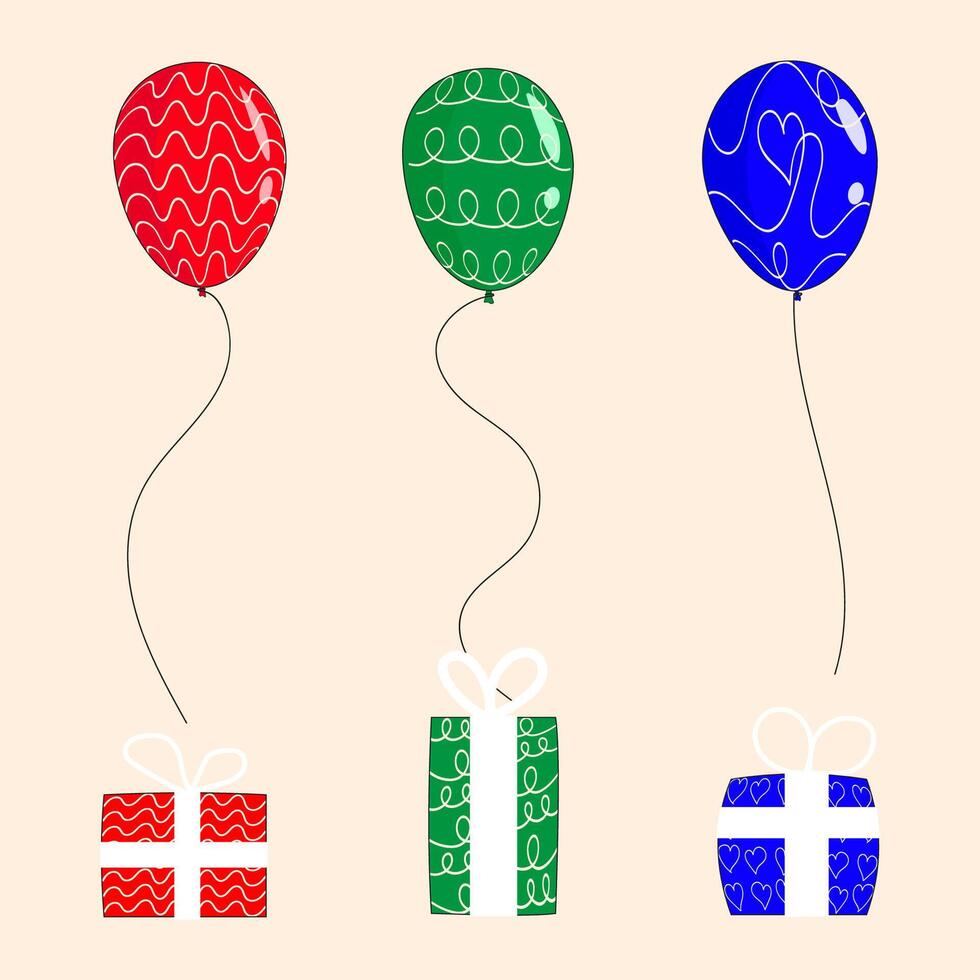 drie gevormde ballonnen en drie geschenk dozen. rood, groen en blauw. vector