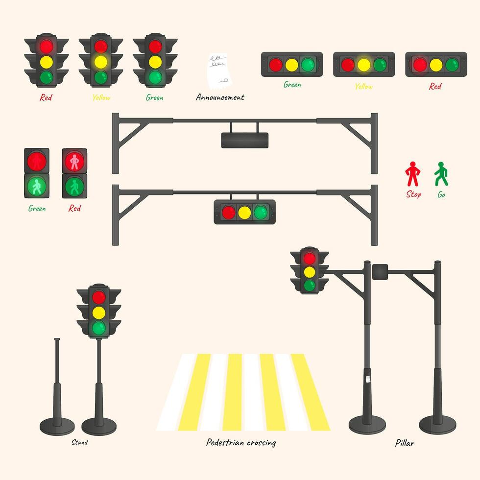 een groot bouw uitrusting dat omvat verkeer lichten met rood, geel en groen lichten. vector