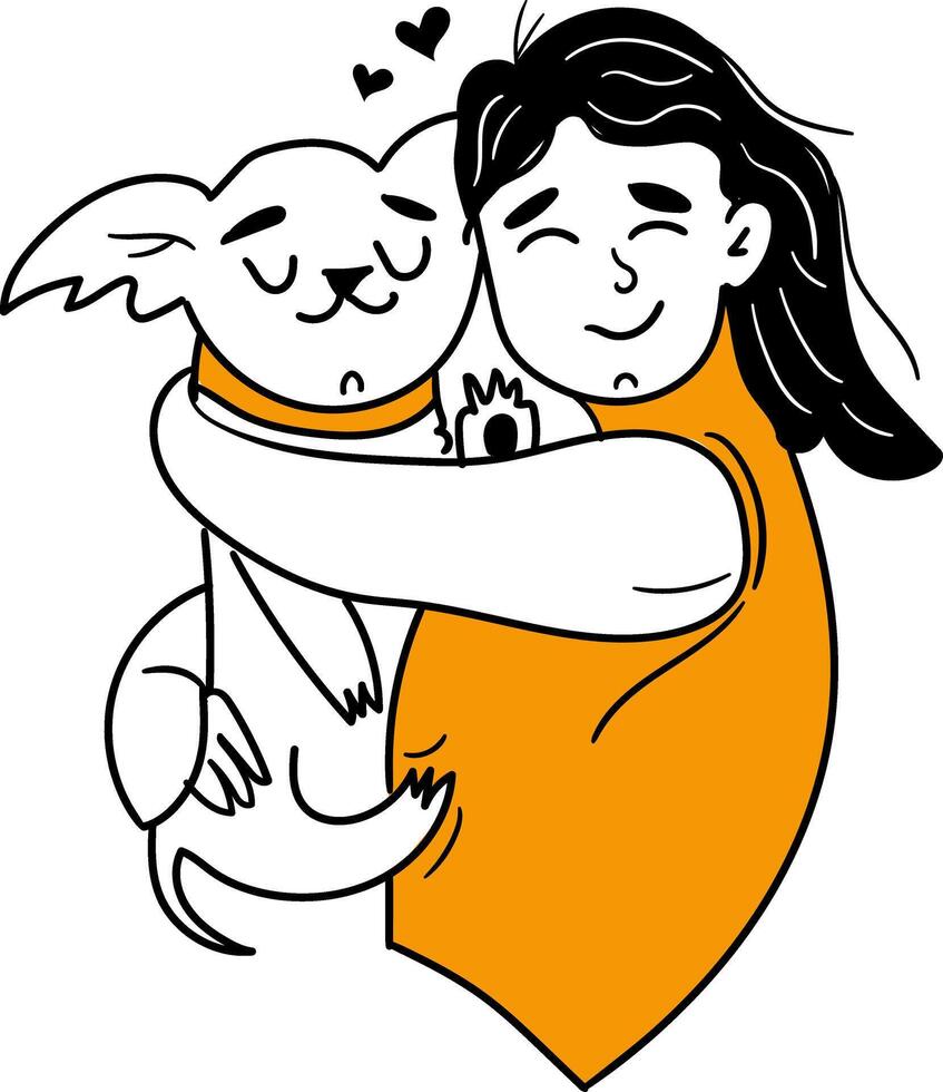 een gelukkig meisje knuffels een schattig hond. de concept van vriendschap tussen een kind en een huisdier.gelukkig nationaal hond dag illustratie in tekening stijl geïsoleerd Aan wit achtergrond. vector