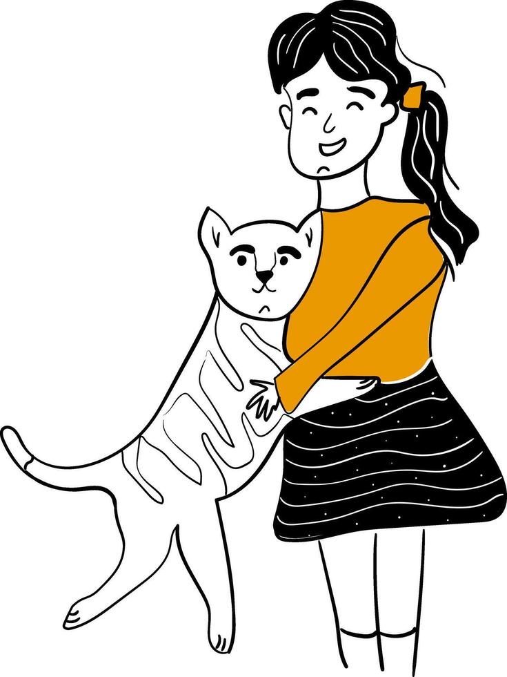een gelukkig meisje knuffels haar huiselijk kat.de katten eigenaar knuffels haar huisdier met liefde en strelen.vector tekening illustratie geïsoleerd Aan wit achtergrond. vector