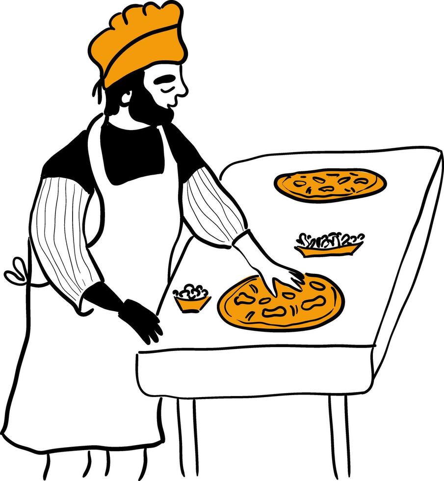 gehandicapt jong Mens met een prothetisch arm maakt pizza in de keuken. mannetje karakter met een fysiek onbekwaamheid, prothetisch kunstmatig hand, bionisch prothese concept. tekening stijl vector illustratie.