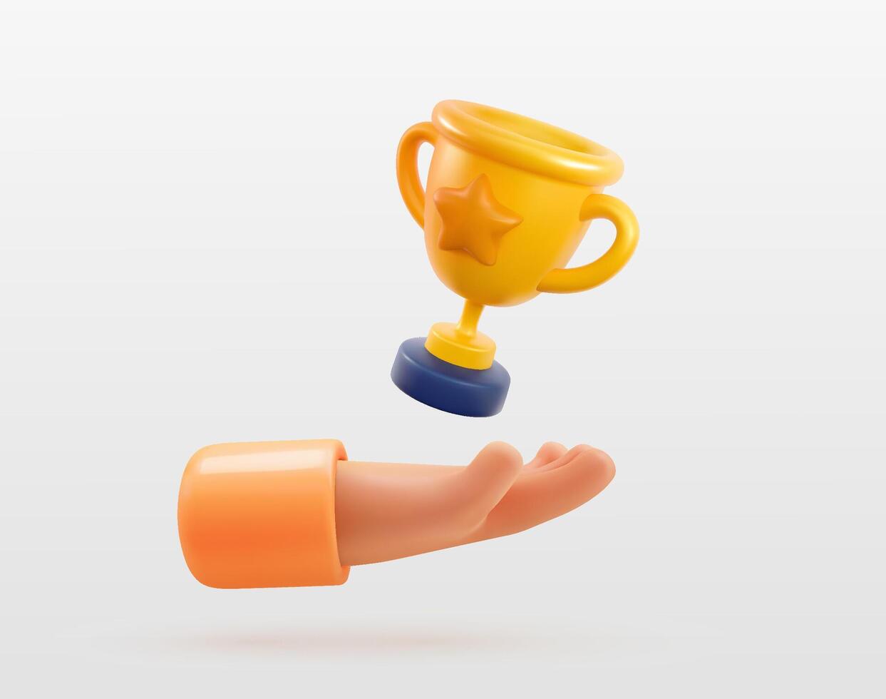 kampioen kop in menselijk hand- 3d vector illustratie. winnen prijs, eerste plaats sport wedstrijd ontwerp element. geïsoleerd tekenfilm trofee kop Aan wit achtergrond.