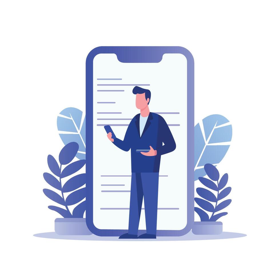 zakenman met smartphone in online bedrijf concept vlak karakter illustratie vector