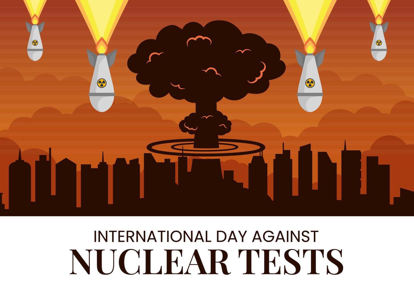 Internationale dag tegen nucleair tests vector illustratie Aan augustus 29 met verbod teken icoon, aarde en raket bom in hand- getrokken Sjablonen