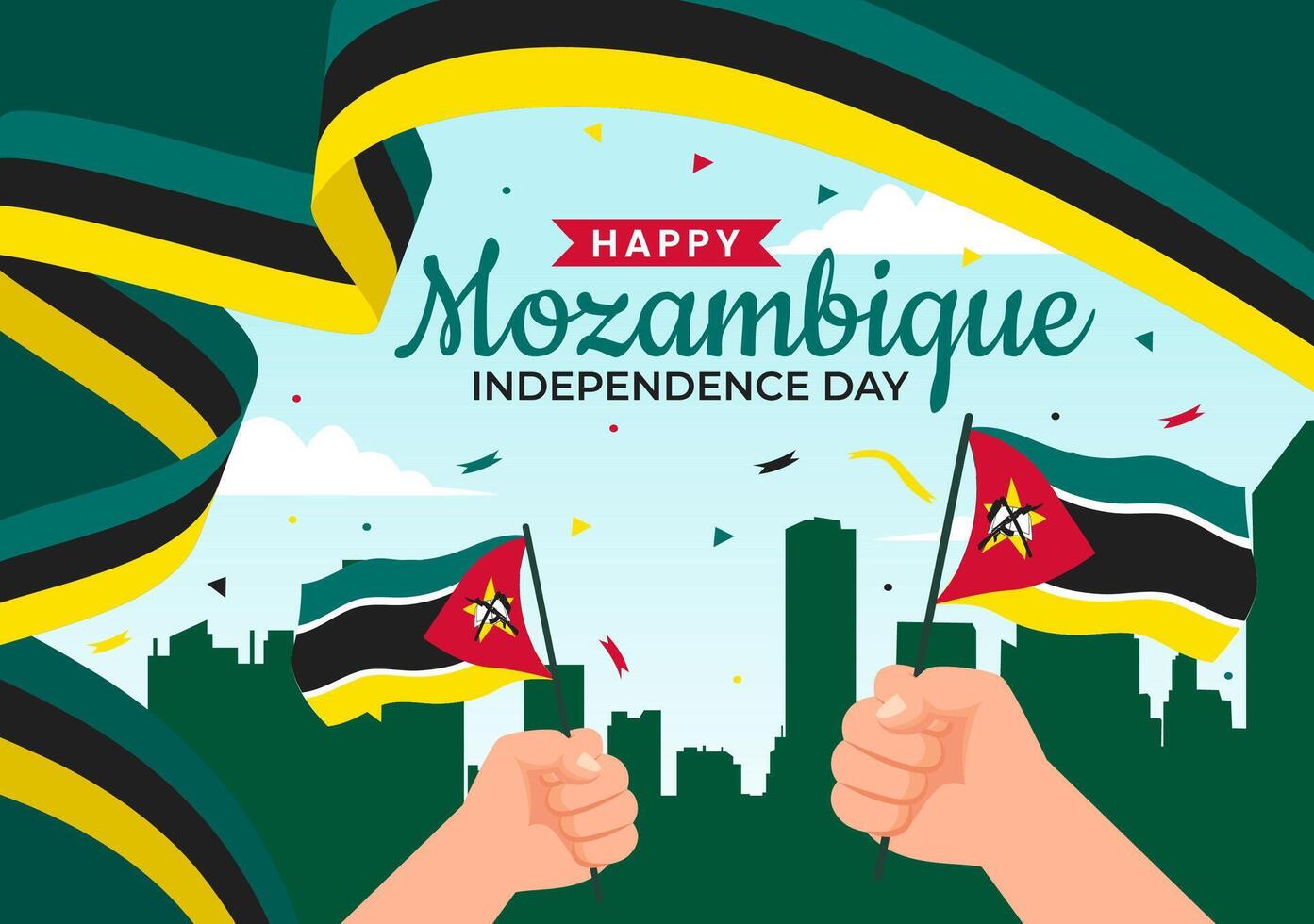 Mozambique onafhankelijkheid dag vector illustratie Aan 25 juni met golvend vlag en lint in nationaal vakantie viering vlak tekenfilm achtergrond