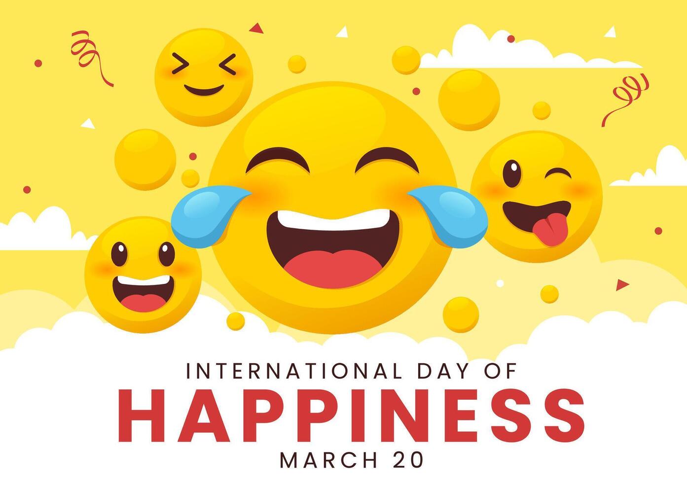wereld geluk dag viering vector illustratie met Aan 20 maart glimlachen gezicht uitdrukking en geel achtergrond in vlak tekenfilm ontwerp
