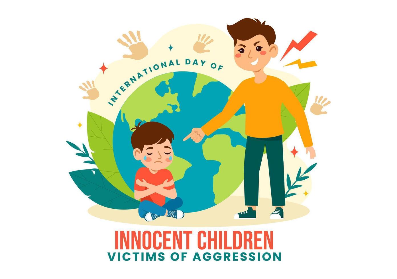 Internationale dag van onschuldig kinderen slachtoffers van agressie vector illustratie Aan 4 juni met kinderen verdrietig nadenkend en huilt in vlak tekenfilm achtergrond
