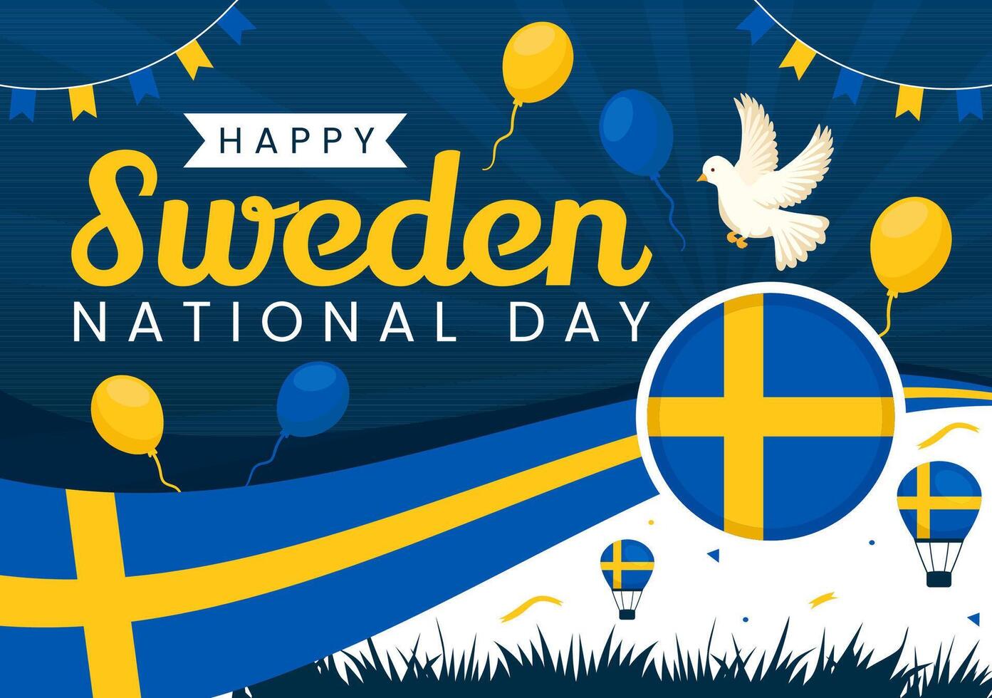 Zweden nationaal dag vector illustratie Aan 6 juni viering met Zweeds vlag en lint in vakantie viering vlak tekenfilm achtergrond