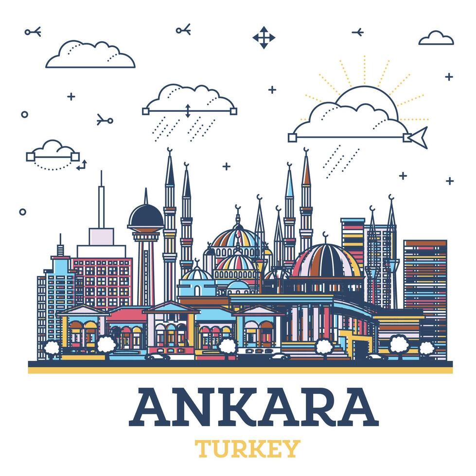 schets Ankara kalkoen stad horizon met historisch gekleurde gebouwen geïsoleerd Aan wit. Ankara stadsgezicht met oriëntatiepunten. vector