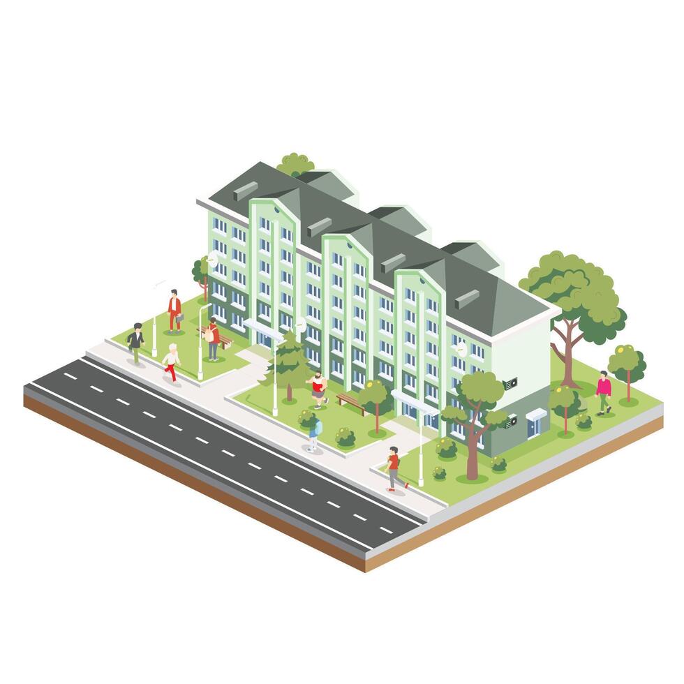 isometrische woon- zes verdieping gebouw met mensen, weg en bomen. icoon of infographic element. stad huis. bouwkundig symbool geïsoleerd Aan wit achtergrond. 3d voorwerp. vector