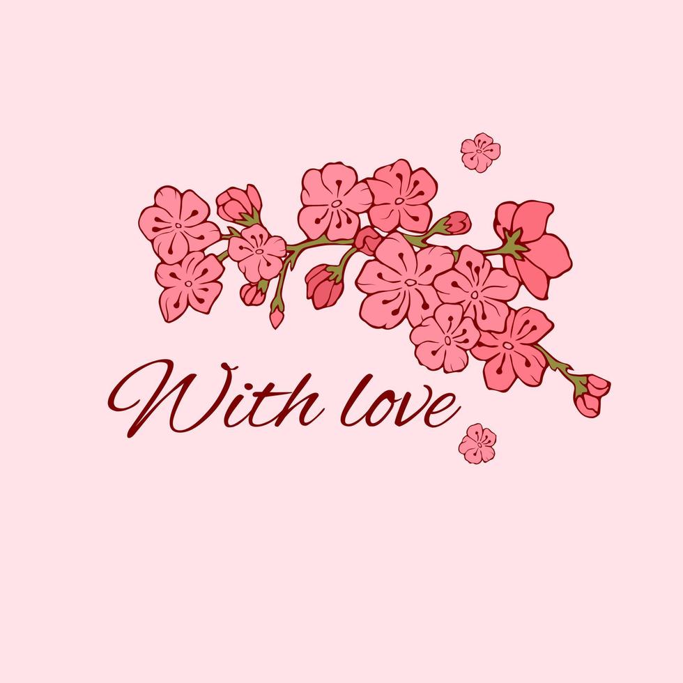 kersenbloesem op een tak. vectorillustratie. contourbeeld. voorraad vector. sakura. roze bloemen. ansichtkaart. met liefde. roze achtergrond. vector