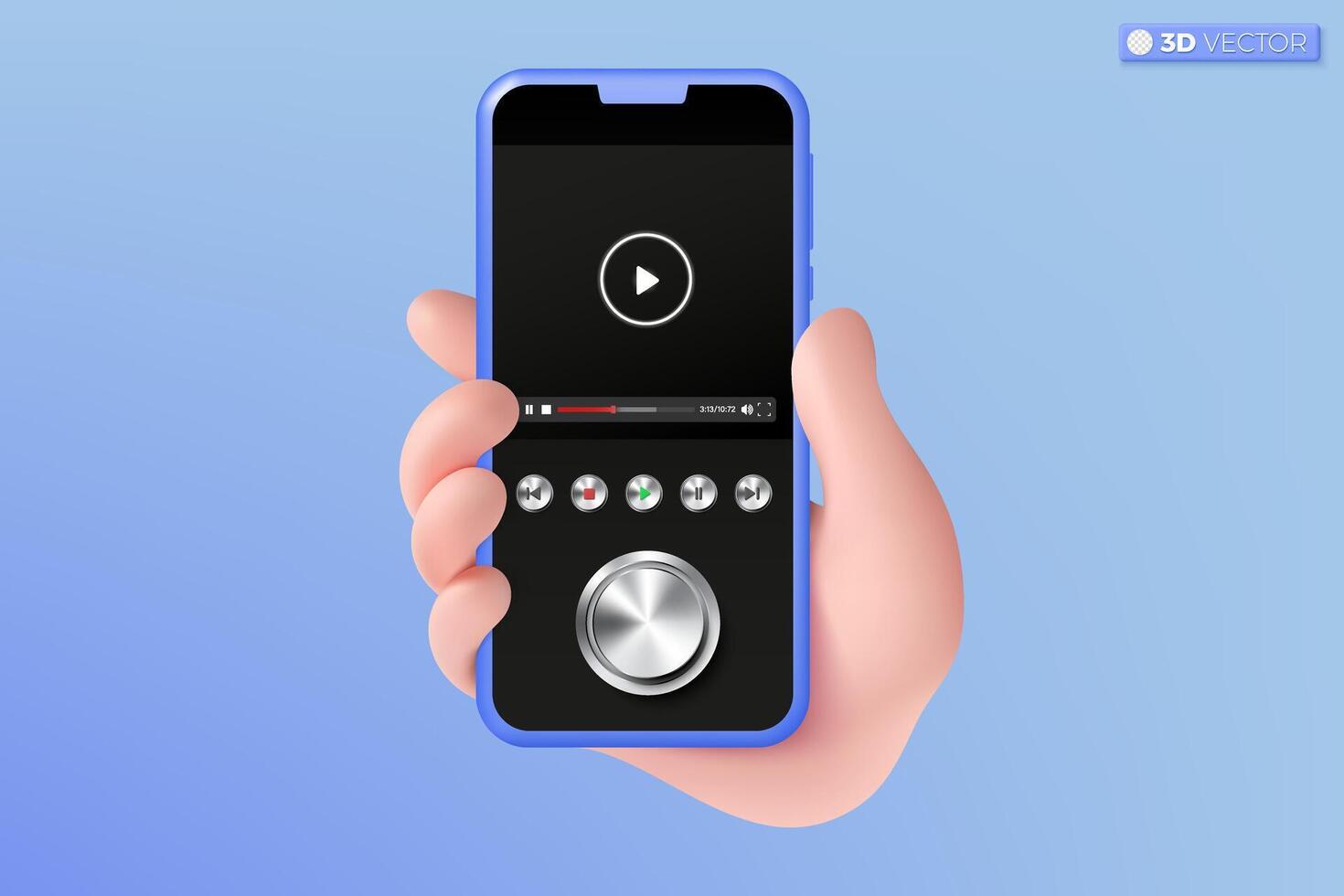 3d hand- Holding mobiel telefoon video media controle knop koppel symbool. online spelen voor maken geld, leven streaming en vlog concept. 3d vector geïsoleerd illustratie, tekenfilm pastel minimaal stijl.