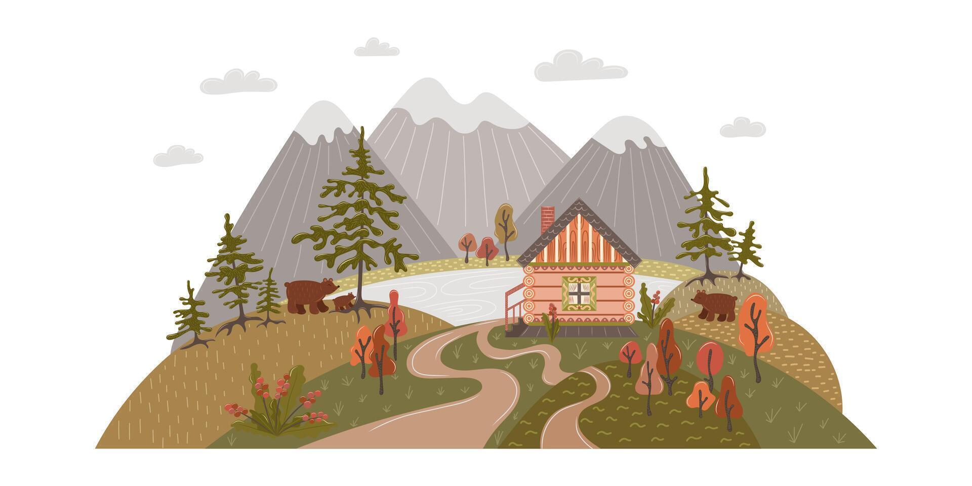 landschap sprookje huis door de meer in de bergen. geïsoleerd vector illustratie. voor kinderen, voor kaarten, voor spellen, voor ontwerp