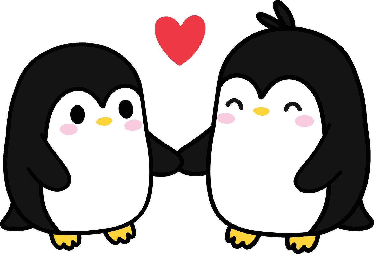 pinguïn paar Holding handen in liefde, hand- getrokken, en tekenfilm illustratie. vector