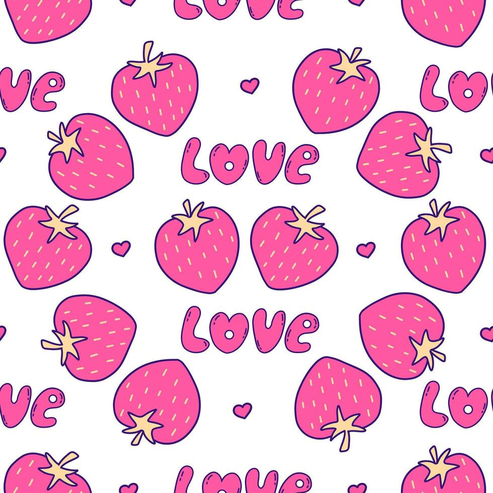 naadloos patroon met roze aardbeien en tekst liefde. vector