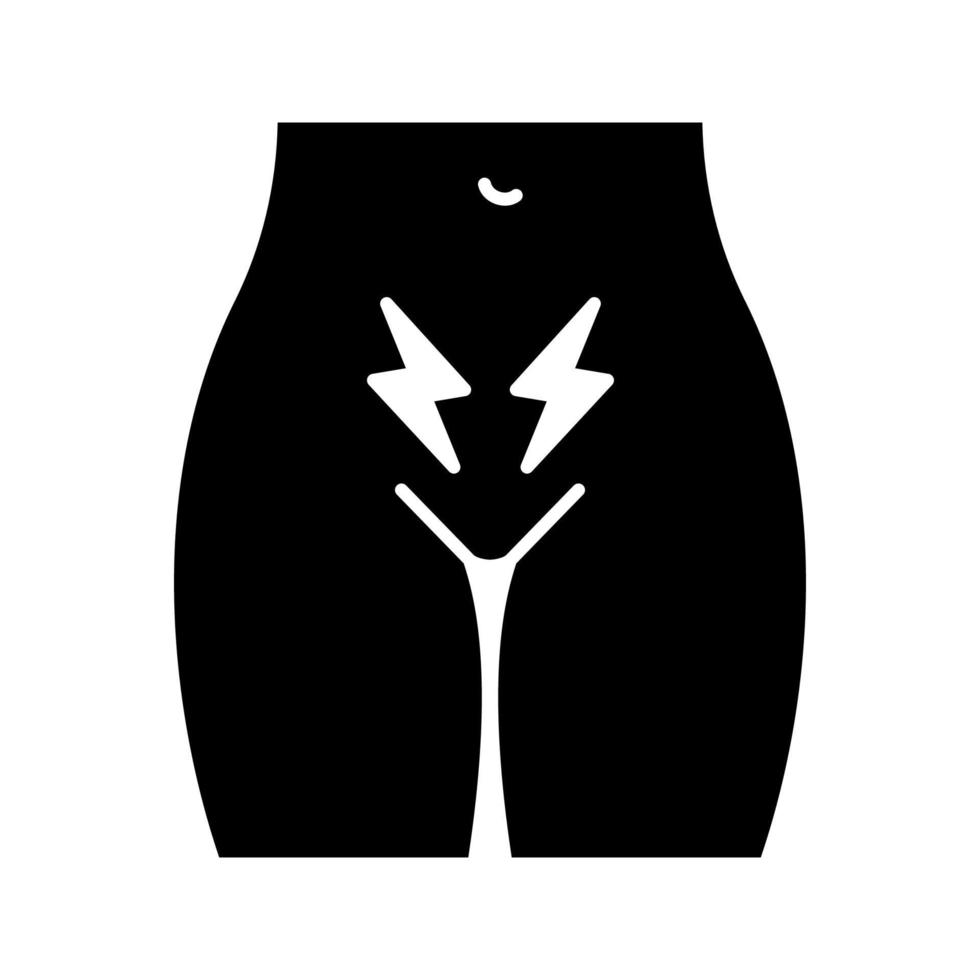 menstruatiekrampen en pijn glyph icoon. acute pijn in de onderbuik bij vrouwen. vreemd. onvruchtbaarheid. baarmoeder- en eierstokaandoeningen. silhouet symbool. negatieve ruimte. vector geïsoleerde illustratie