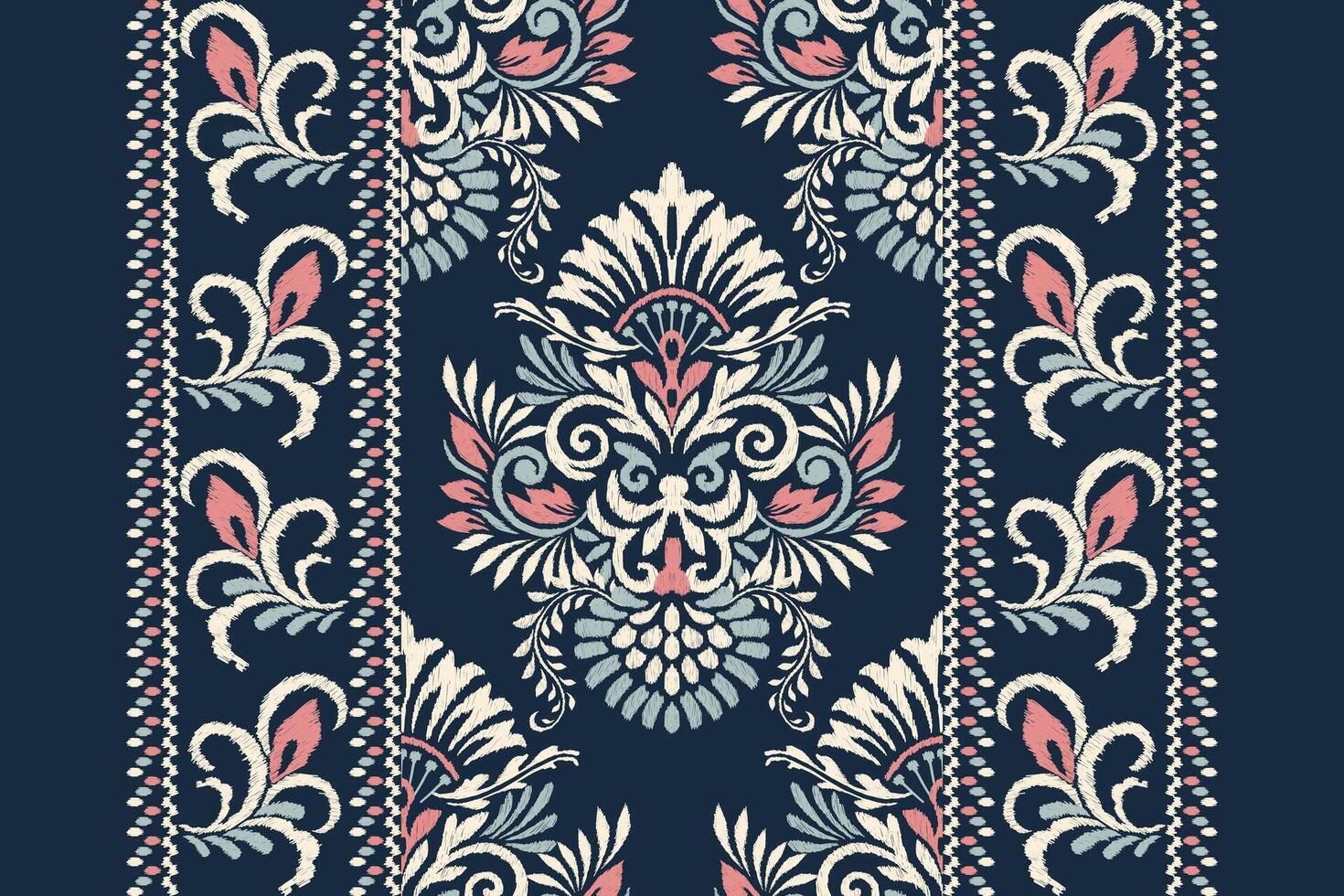 damast ikat bloemen patroon Aan marine bluebackground vector illustratie.ikat etnisch oosters borduurwerk.aztec stijl, samenvatting achtergrond.ontwerp voor textuur,stof,kleding,verpakking,decoratie,sjaal,print