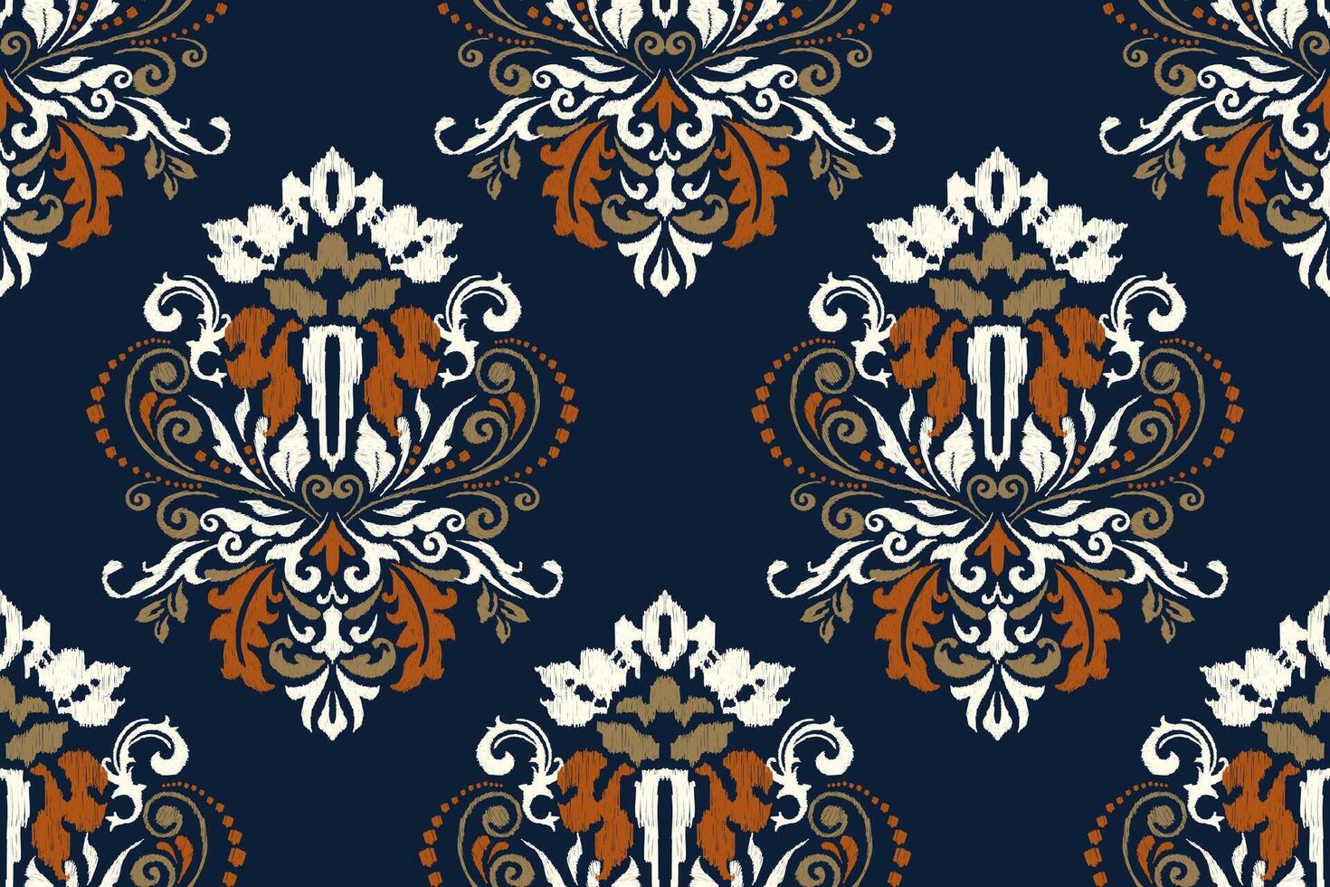 damast ikat bloemen naadloos patroon Aan marine bluebackground vector illustratie.ikat etnisch oosters borduurwerk, Azteken stijl, samenvatting achtergrond.ontwerp voor textuur, stof, kleding, verpakking, decoratie.