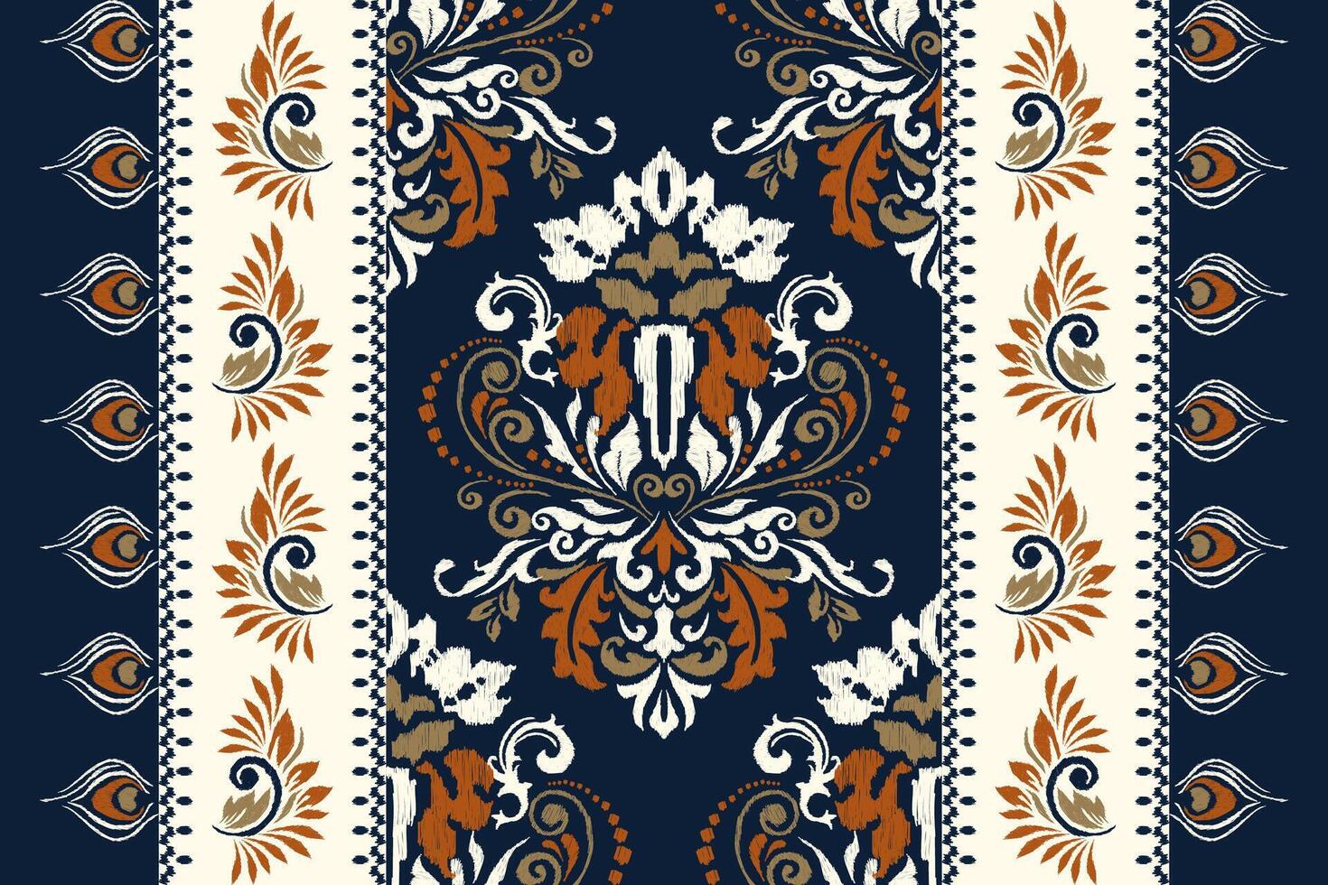 damast ikat bloemen naadloos patroon Aan marine bluebackground vector illustratie.ikat etnisch oosters borduurwerk, Azteken stijl, samenvatting achtergrond.ontwerp voor textuur, stof, kleding, verpakking, decoratie.