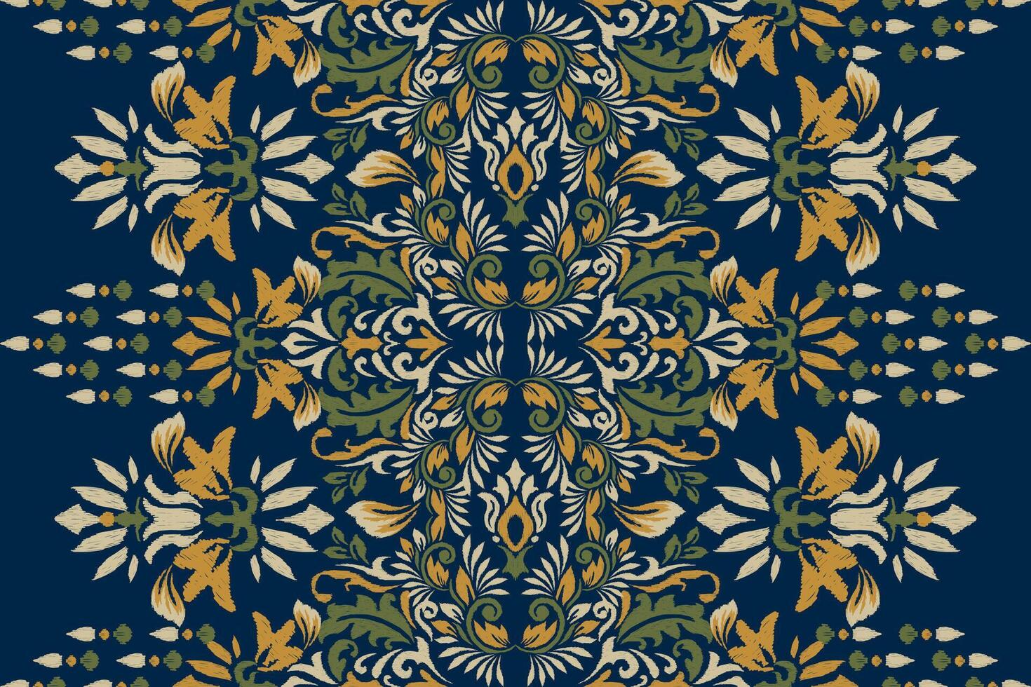 arabesk ikat bloemen patroon Aan marine blauw achtergrond.ikat etnisch oosters borduurwerk vector illustratie, Azteken stijl, samenvatting achtergrond.ontwerp voor textuur, stof, kleding, verpakking, decoratie, sjaal.