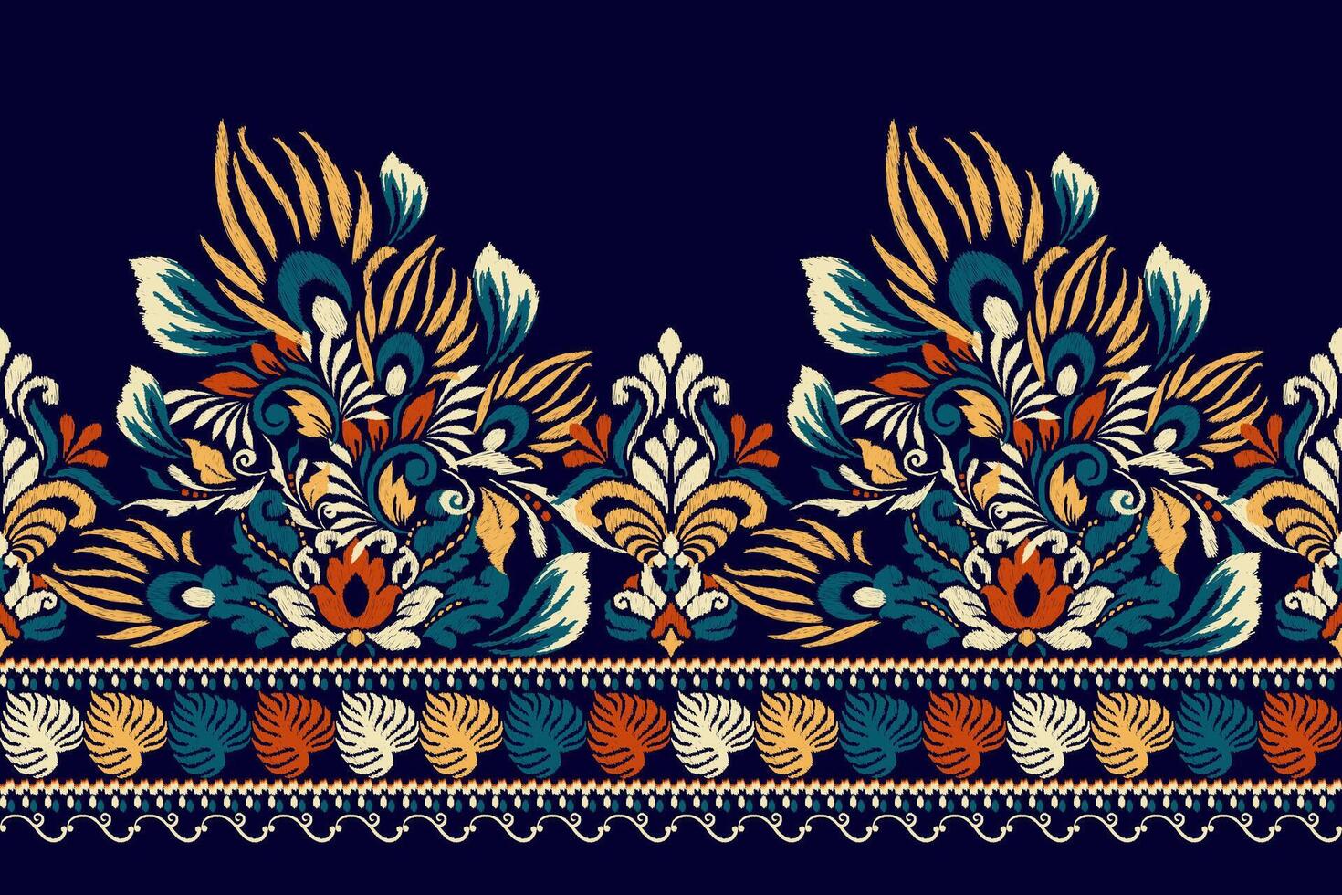 arabesk ikat bloemen patroon Aan marine blauw achtergrond.ikat etnisch oosters borduurwerk vector illustratie, Azteken stijl, samenvatting achtergrond.ontwerp voor textuur, stof, kleding, verpakking, decoratie, sarong