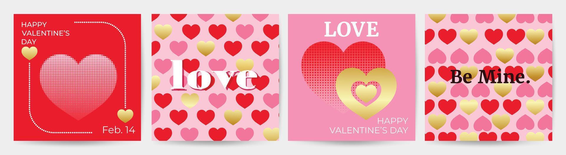 gelukkig Valentijnsdag dag liefde plein Hoes vector set. romantisch symbool behang van hart vormig icoon patroon, goud textuur, halftoon. liefde illustratie voor groet kaart, web banier, pakket, omslag.