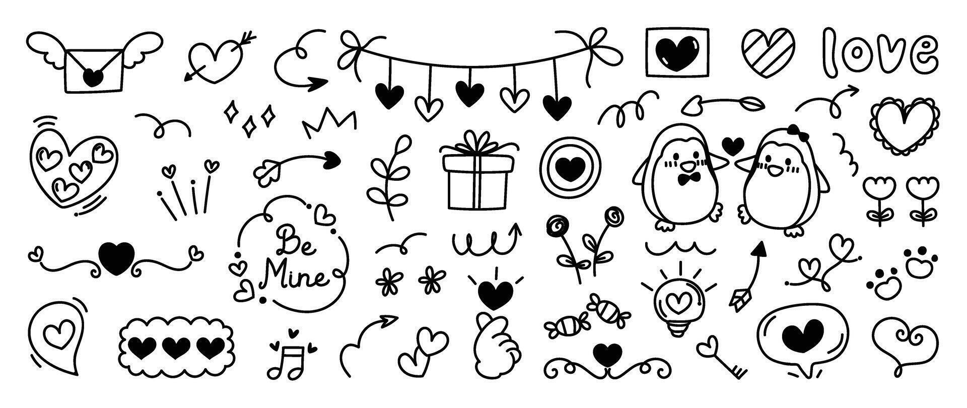 reeks van Valentijn tekening element vector. hand- getrokken tekening stijl verzameling van hart, pijl, ballon, bloem, toespraak bubbel, pinguïn, geschenk. ontwerp voor afdrukken, tekenfilm, decoratie, sticker, clip art. vector