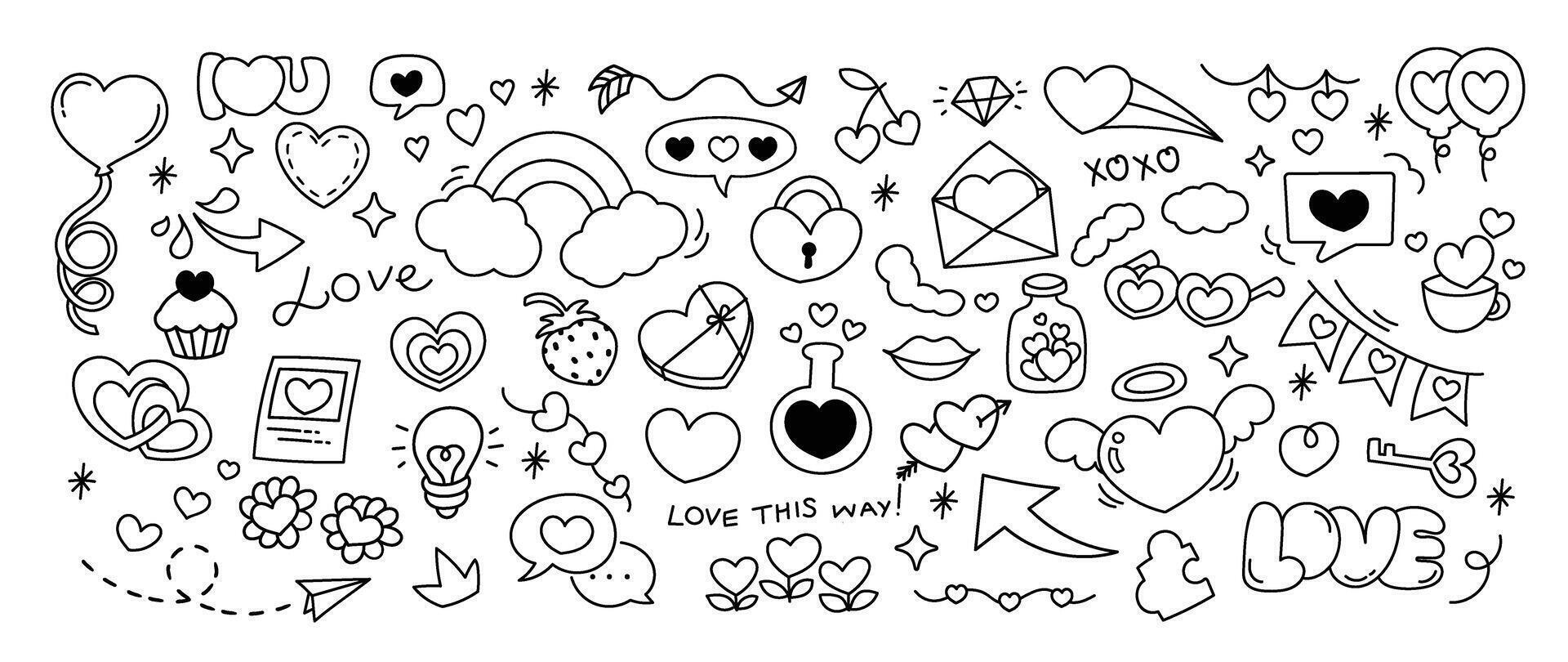 reeks van Valentijn tekening element vector. hand- getrokken tekening stijl verzameling van hart, koekje, sleutel, regenboog, ballon, pijl, toespraak bubbel. ontwerp voor afdrukken, tekenfilm, decoratie, sticker, clip art. vector