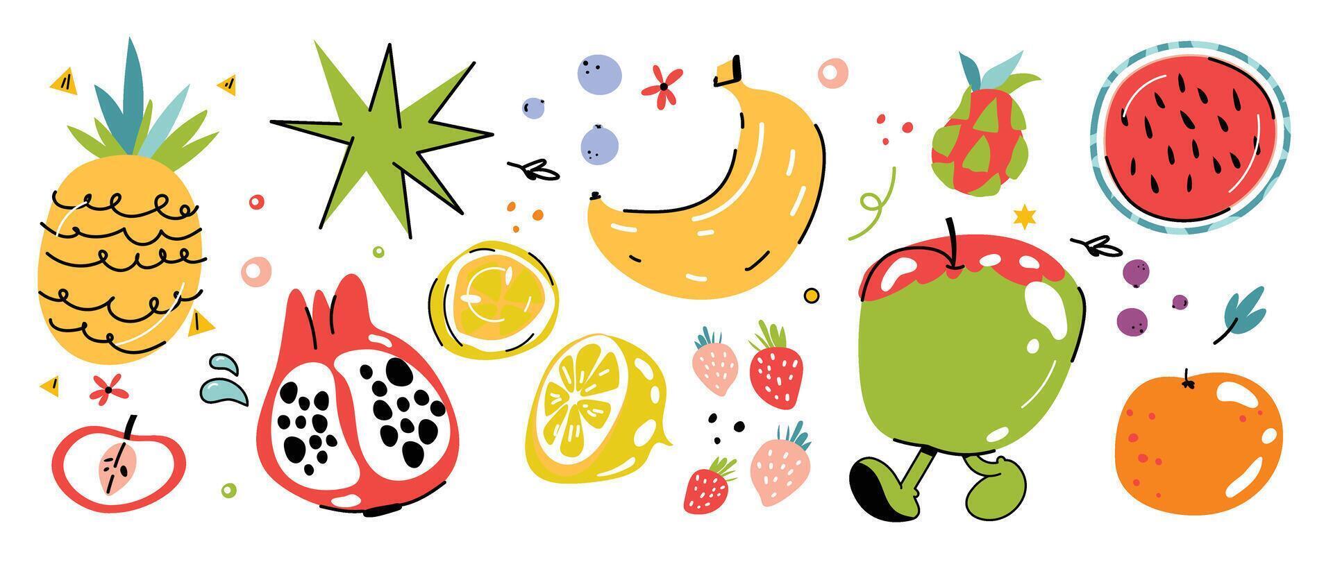 reeks van vers fruit groovy element vector. funky fruit karakter ontwerp van ananas, banaan, appel, granaatappel. zomer sappig illustratie voor branding, sticker, kleding stof, clip art, advertenties. vector