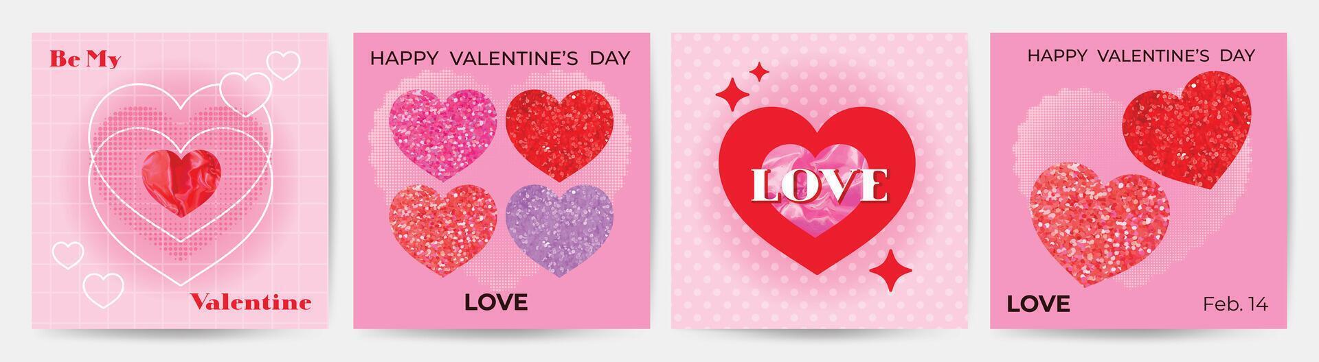 gelukkig Valentijnsdag dag liefde plein Hoes vector set. romantisch symbool behang van hart vormig icoon, folie en schitteren textuur, halftoon. liefde illustratie voor groet kaart, web banier, pakket, omslag.