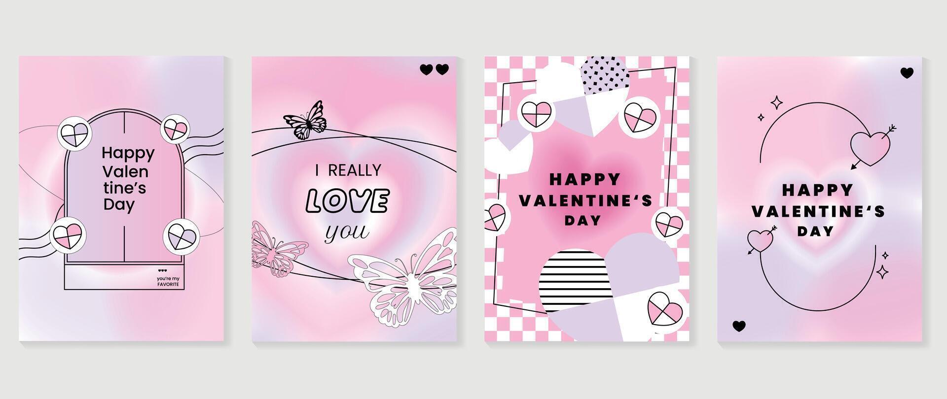 gelukkig Valentijnsdag dag liefde Hoes vector set. romantisch symbool poster versieren met modieus helling hart pastel kleurrijk achtergrond. ontwerp voor groet, mode, reclame, banier, uitnodiging.