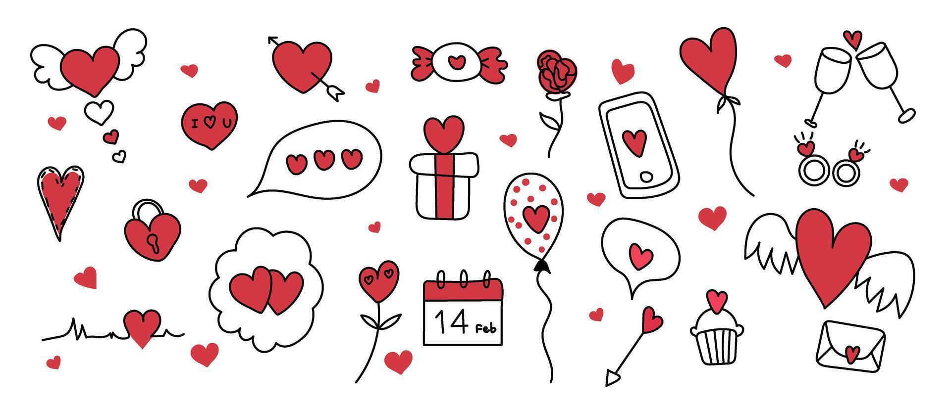 reeks van Valentijn tekening element vector. hand- getrokken tekening stijl verzameling van hart, pijl, geschenk, ballon, toespraak bubbel, sleutel, snoep. ontwerp voor afdrukken, tekenfilm, decoratie, sticker, clip art. vector