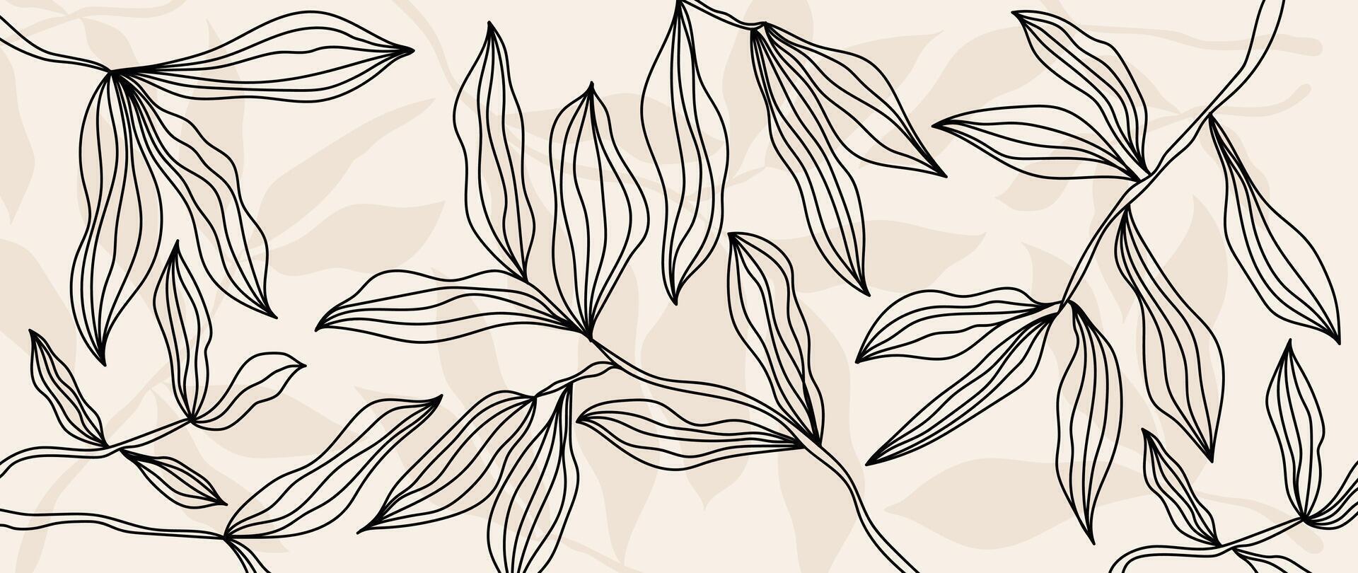 abstract gebladerte botanisch achtergrond vector. beige behang van tropisch planten, blad takken, palm bladeren, lijn kunst. gebladerte ontwerp voor banier, afdrukken, decor, muur kunst, decoratie vector