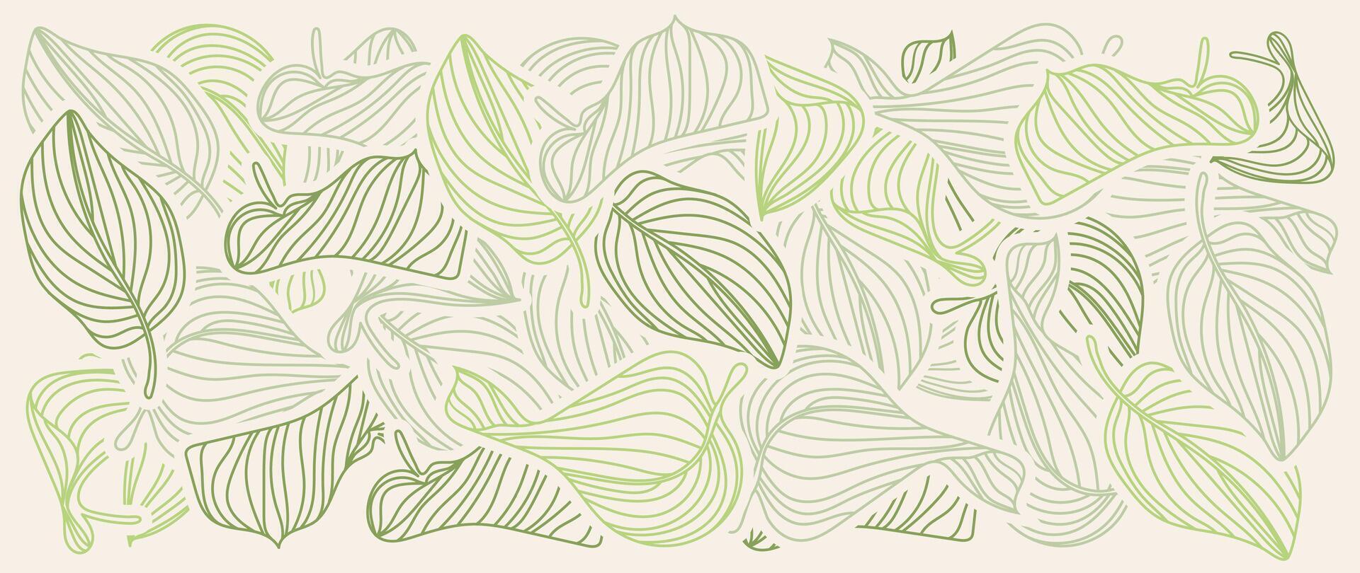 abstract gebladerte botanisch achtergrond vector. beige behang van tropisch planten, blad takken, palm bladeren, groen lijn kunst. gebladerte ontwerp voor banier, afdrukken, decor, muur kunst, decoratie vector