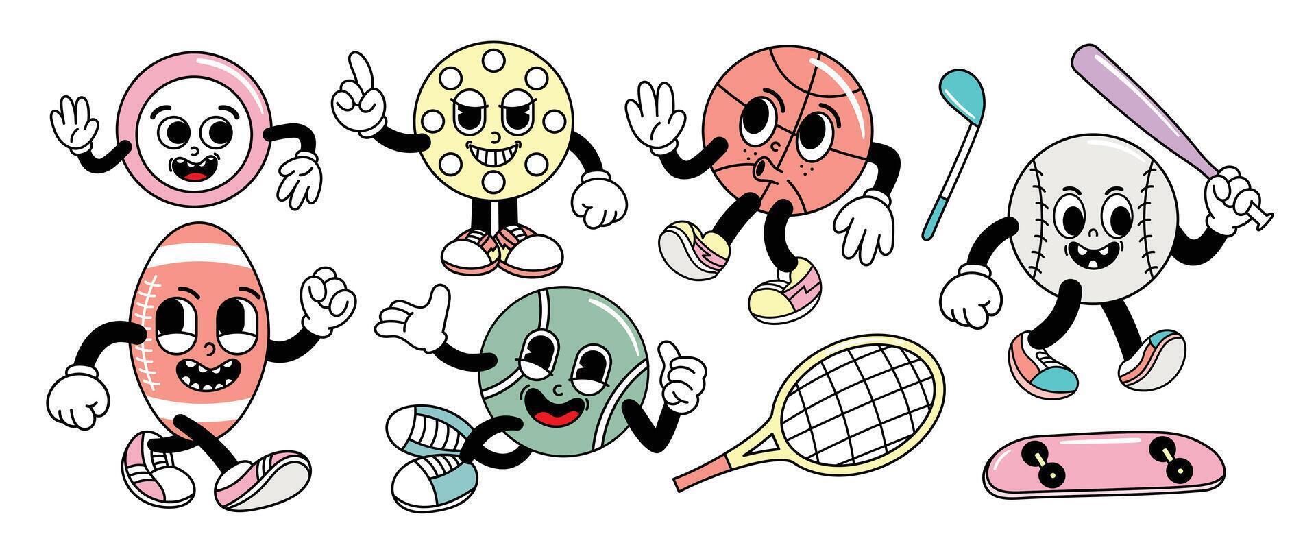 reeks van jaren 70 groovy element sport- concept vector. verzameling van tekenfilm karakter, tekening glimlach gezicht, basketbal, Amerikaans voetbal, tennis, golf. schattig retro groovy hippie ontwerp voor decoratief, sticker. vector