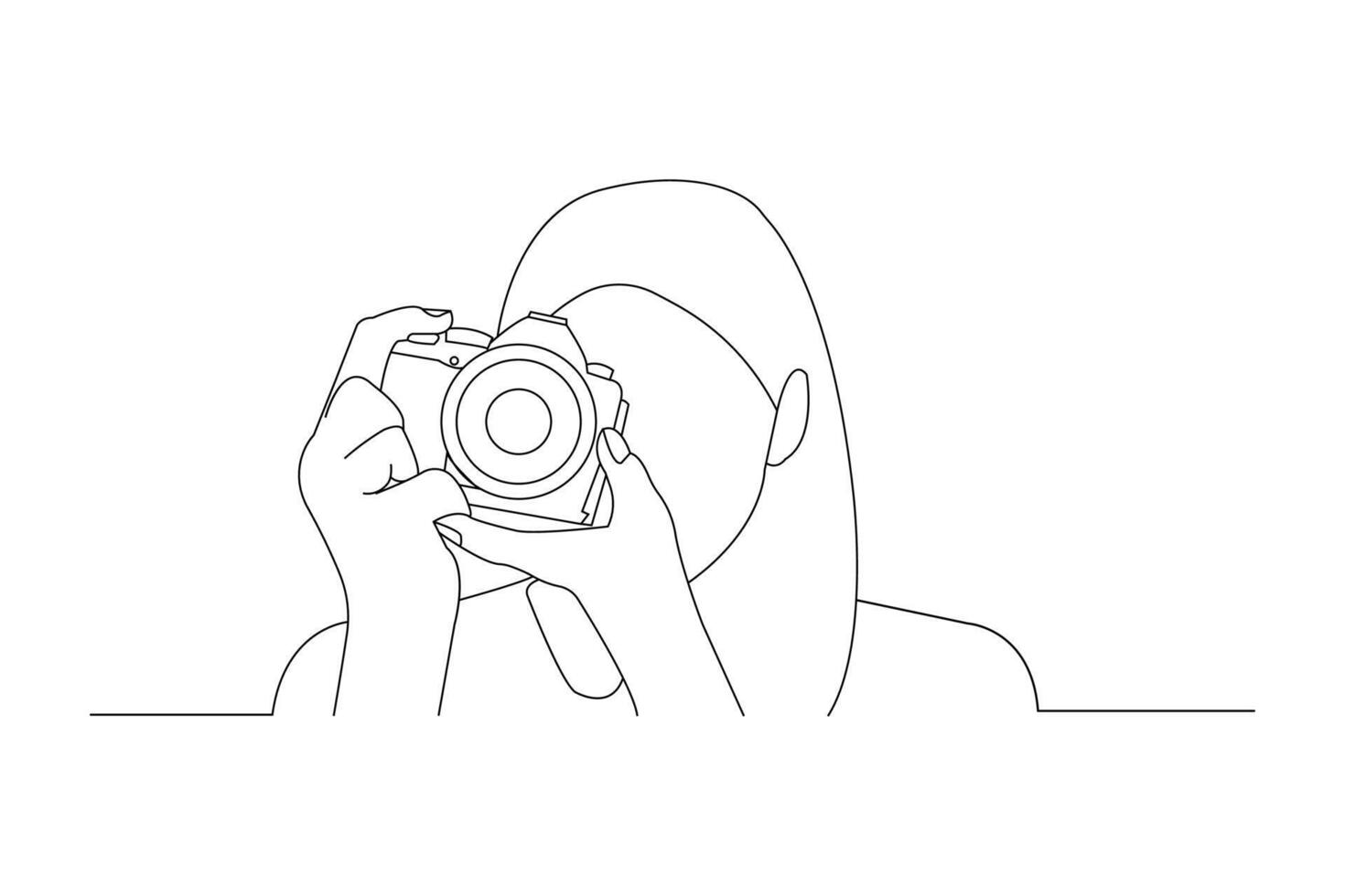 meisje Holding camera doorlopend schets vector. fotograaf nemen foto's met haar camera doorlopend lijn tekening. vector