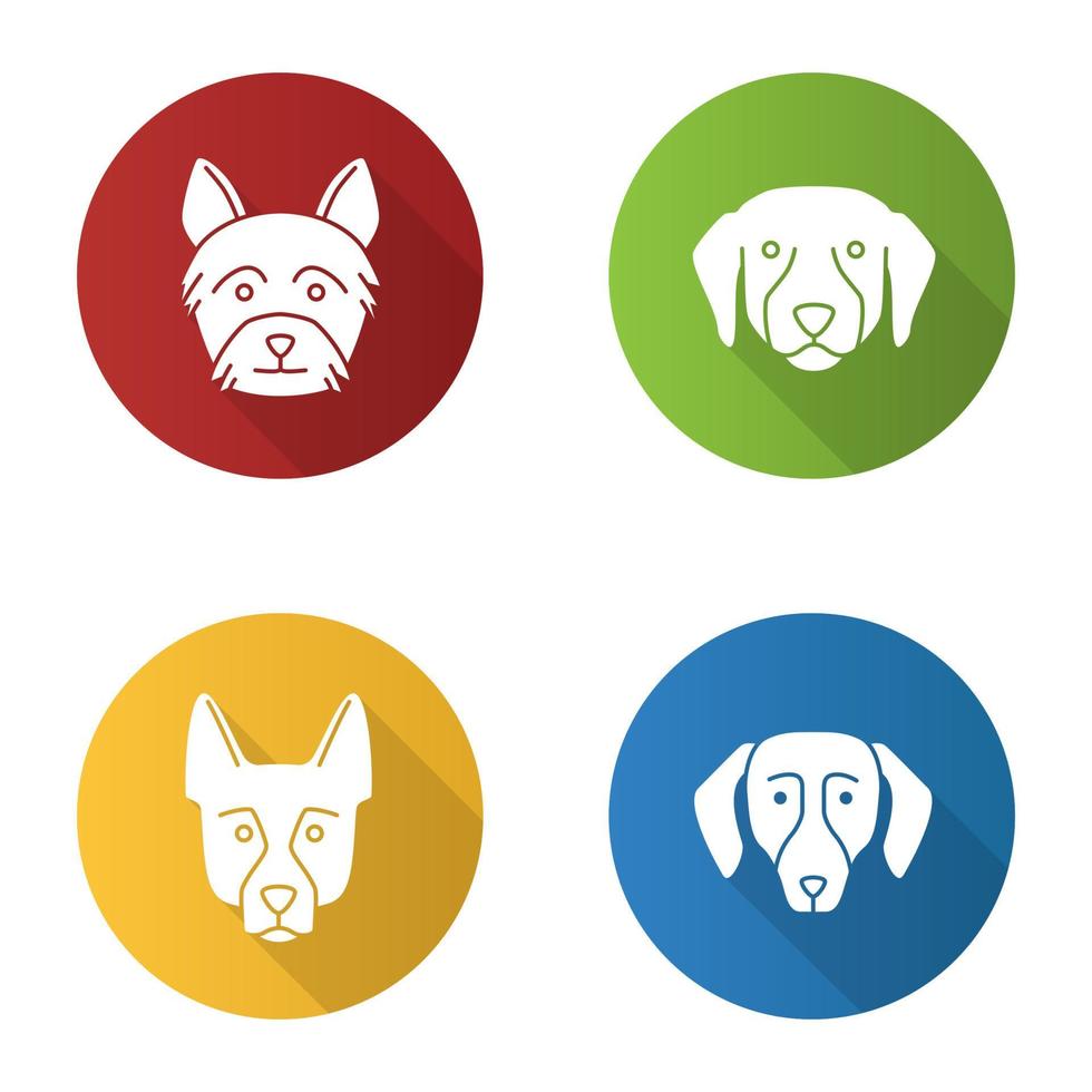 honden rassen platte ontwerp lange schaduw glyph pictogrammen instellen. yorkshire terrier, labrador retriever, duitse herder, teckel. vector silhouet illustratie