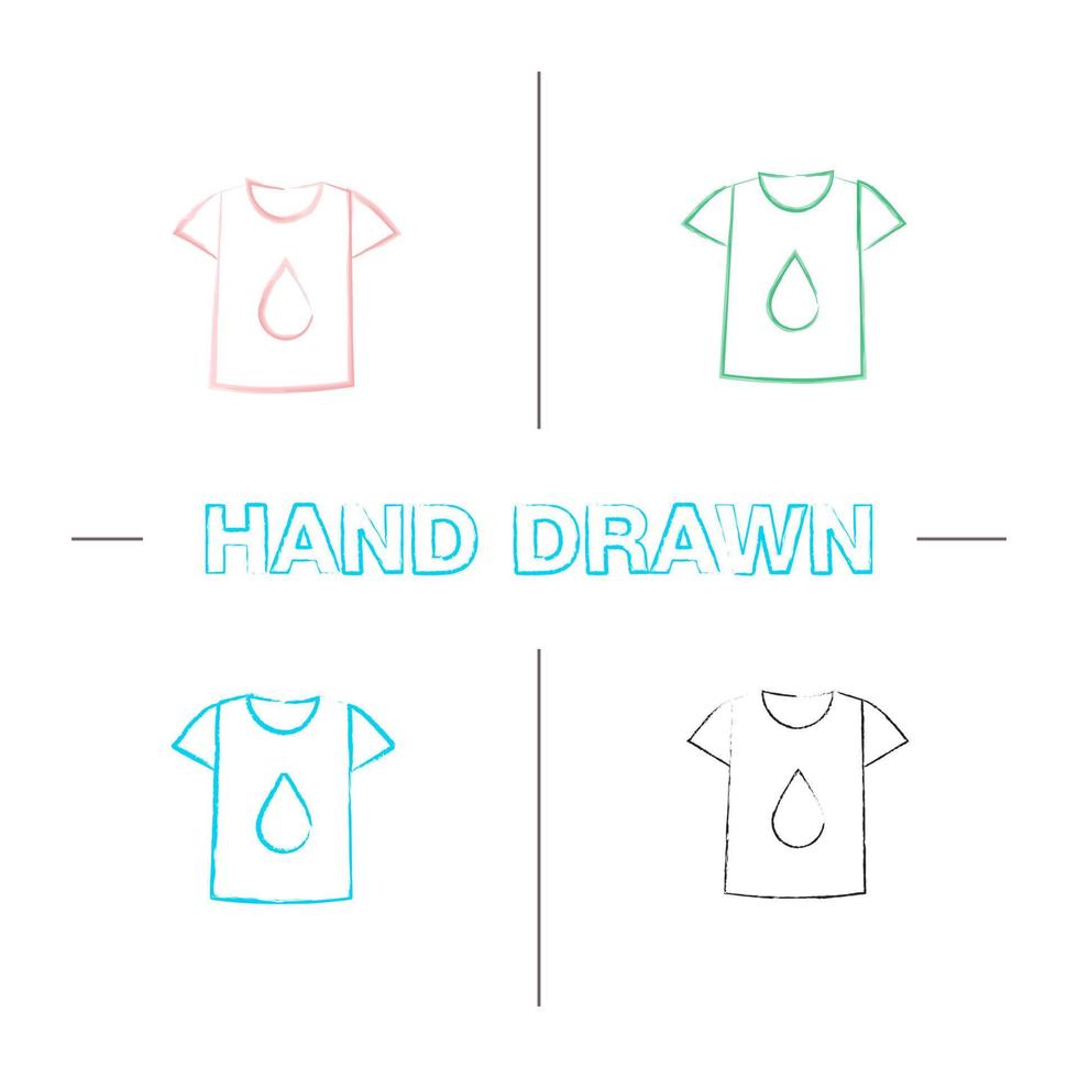 afdrukken op t-shirt hand getrokken pictogrammen instellen. kleur penseelstreek. t-shirt met vloeibare druppel. geïsoleerde vector schetsmatige illustraties