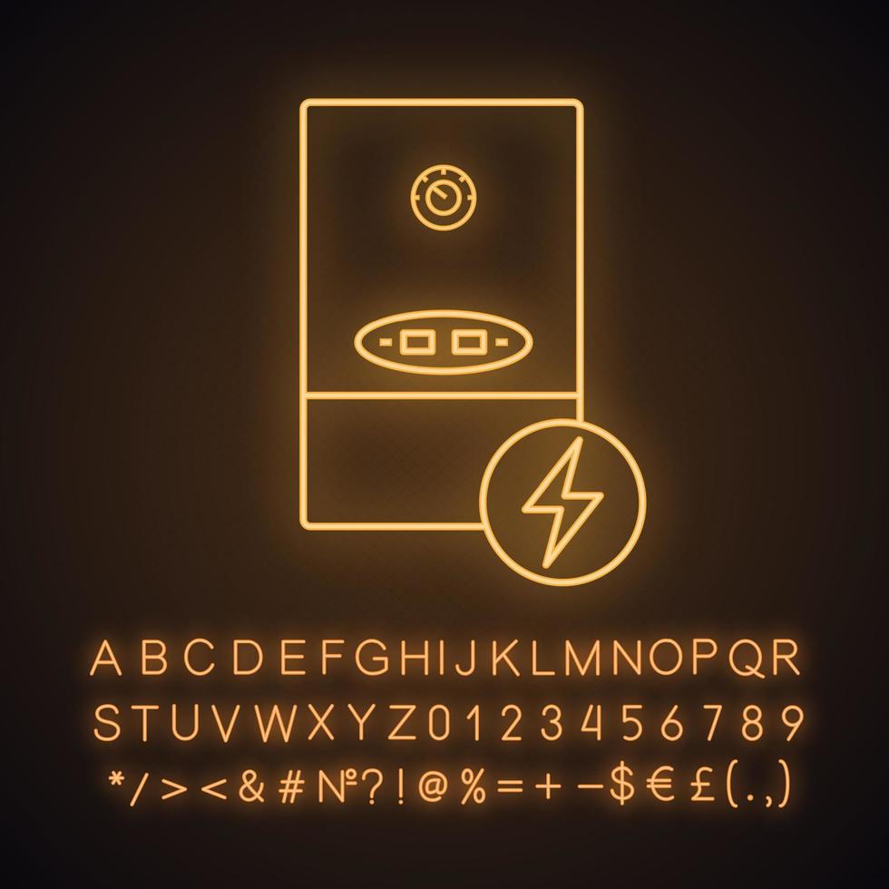 elektrische verwarmingsketel neonlicht icoon. huis centrale verwarming. verwarmingssysteem. gloeiend bord met alfabet, cijfers en symbolen. vector geïsoleerde illustratie