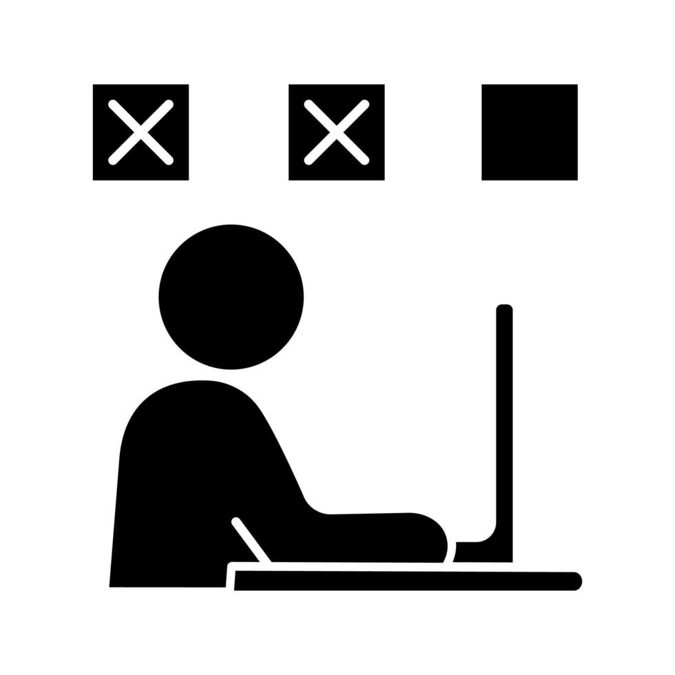 persoon die fouten maakt glyph-pictogram. overwerk. aantal fouten neemt toe. uitputting. falende toets. gefrustreerde mens. werknemer verontrust eenvoudig werk te doen. silhouet symbool. vector geïsoleerde illustratie