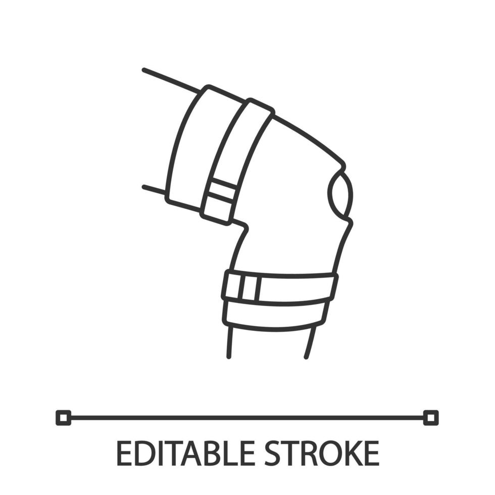 knie brace lineaire pictogram. verstelbare beenorthese. dunne lijn illustratie. orthopedische kniegewricht bandage. artritis, spierverstuiking. contour symbool. vector geïsoleerde overzichtstekening. bewerkbare streek