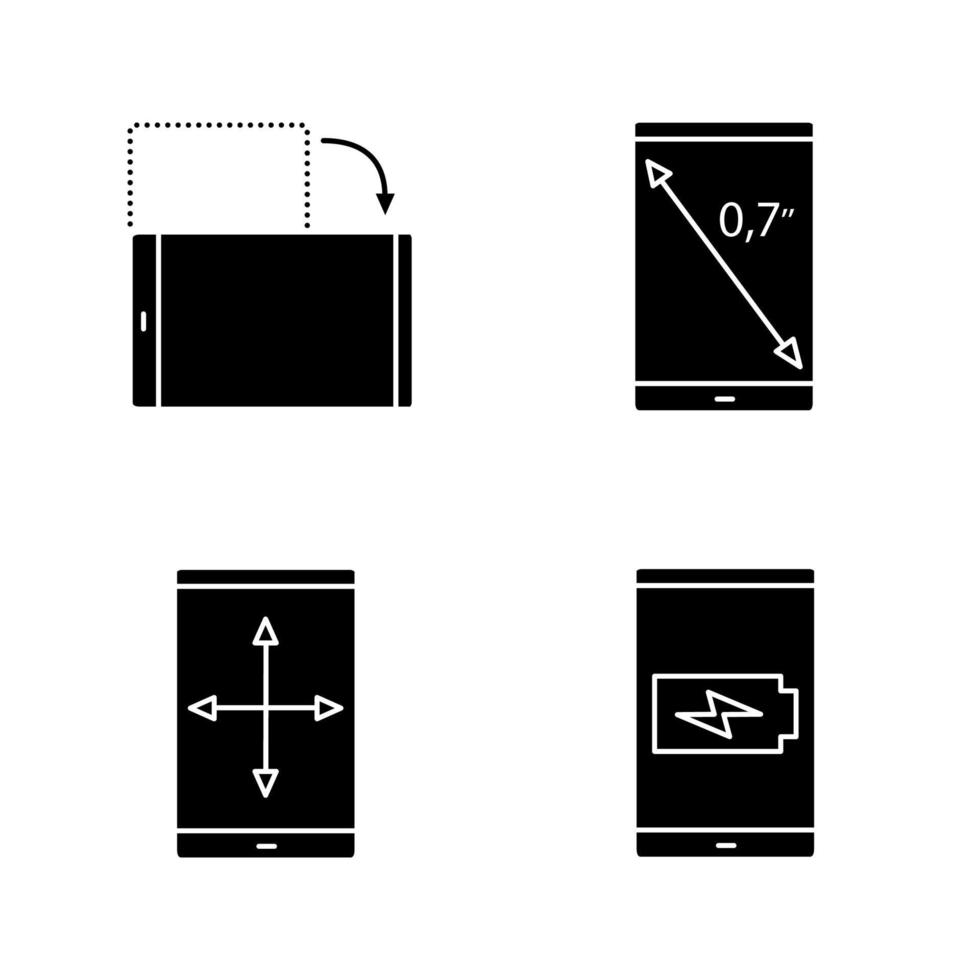 smartphone glyph pictogrammen instellen. display inch-formaat, schermrotatie en formaat wijzigen, batterij opladen. silhouet symbolen. vector geïsoleerde illustratie