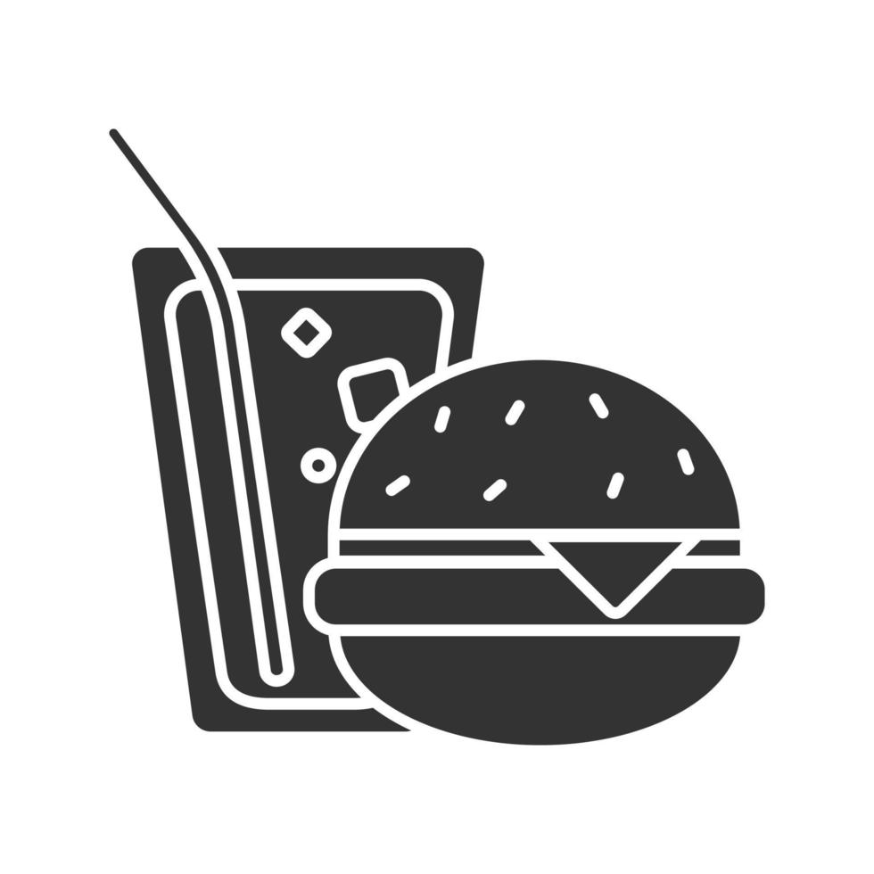 hamburger en frisdrank glyph icoon. Fast food. boterham met limonade. silhouet symbool. negatieve ruimte. vector geïsoleerde illustratie