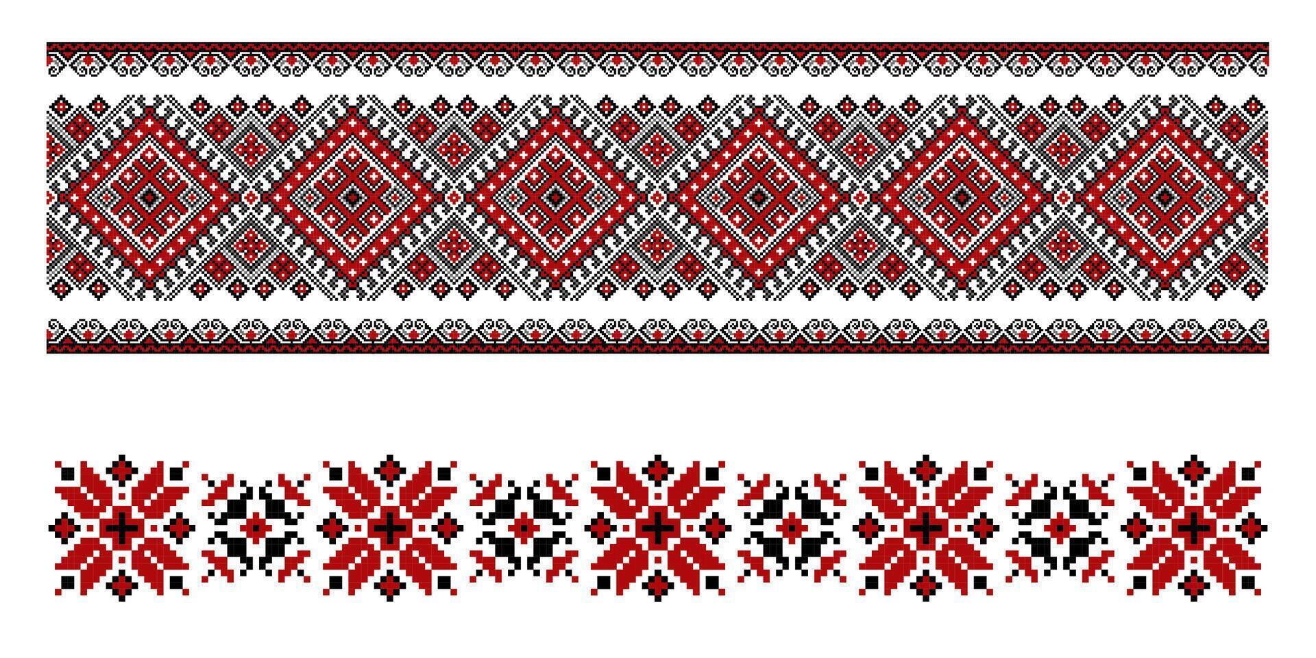 reeks van bewerkbare kleurrijk naadloos etnisch oekraïens traditioneel kruis steek patronen voor borduurwerk steek. bloemen en meetkundig ornamenten. vector illustratie